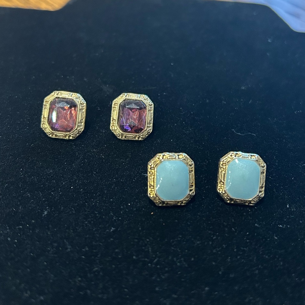 Two Pairs‎ Vintage Art Deco Style Faceted Gold Rectangle Stone Pierced Earrings